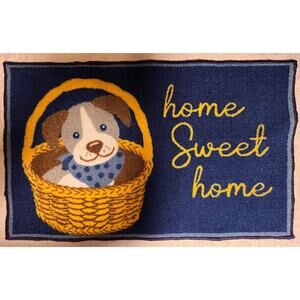 Decorative accent rug puppy in a basket Home Sweet Home welcome mat entryway dog